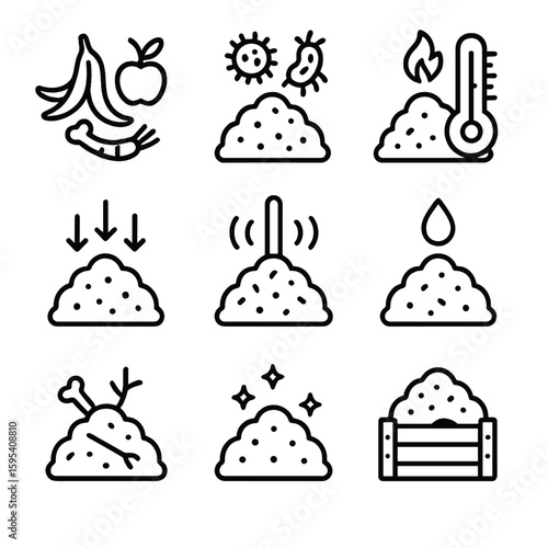 Microbial waste moisture vector set composting no detailed curing icon numbers bubbles