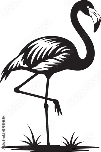 Stylized flamingo bird silhouette. Monochrome tropical animal icon design element. Engraved style vector graphic for logo or emblem.