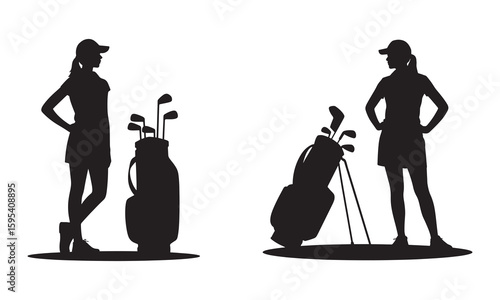 Two female golfers in silhouette with golf bags and clubs woman sport
