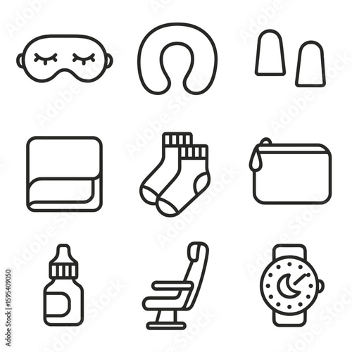 No kit icon cyrillic travel set numbers sleep plugs sleeping vector blanket