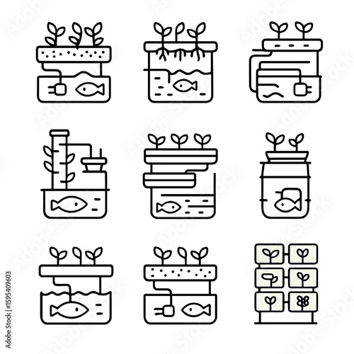 Characters vertical icons technique vector detailed set icon numbers aquaponics no deep