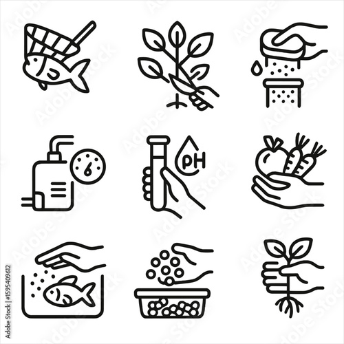 Set characters icons vector filters typography marks aquaponics any grid fish no