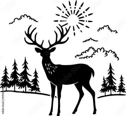 Silhouette of a deer standing in a forest clearing with sunset in the background