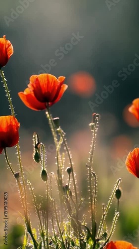 Vibrant orange flowers bloom in a serene field under the soft morning light in early spring