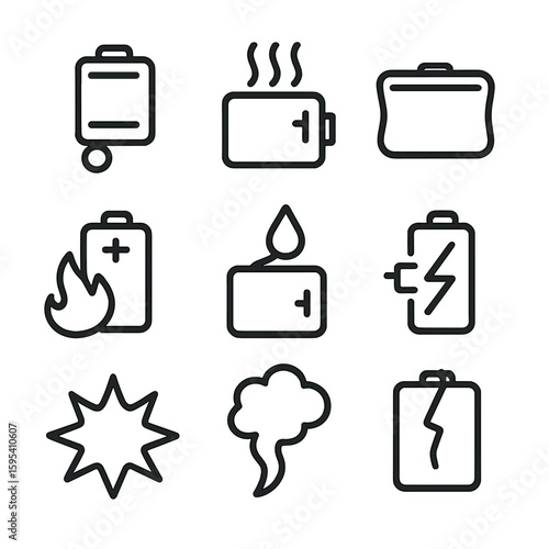 Icon vector fire casing battery smoke overheating hazard swelling icons drop cracked