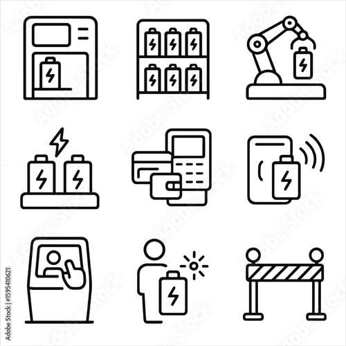 Arm dock icon swap rack wallet dispenser battery vector barrier icons robotic
