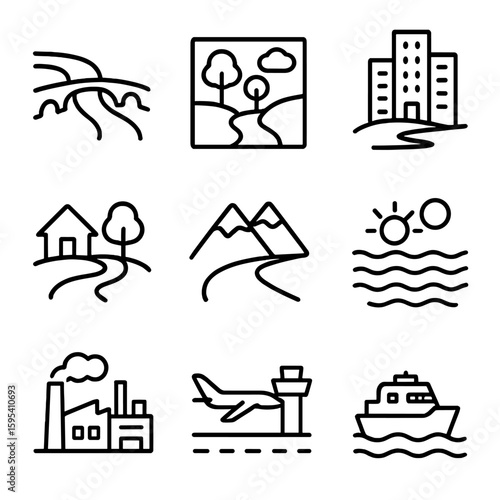 Icon mountain geography ferry line industrial set suburban zone vector green city