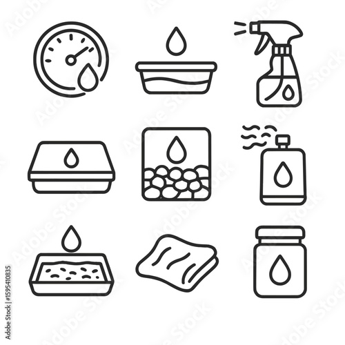 Humidity icons terrarium pebble tool pad fogger icon mist closed cloth vector