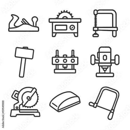 Plane tool router icon jig woodworking table vector hand block saw icons