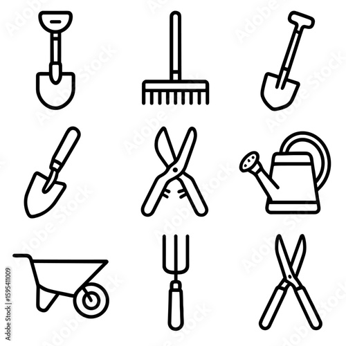 Hoe trowel gardening icons fork vector rake pruning icon trimmer shovel wheelbarrow