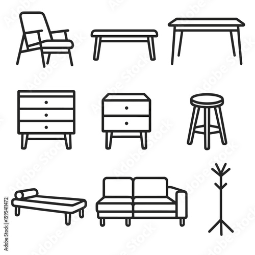Bench icons furniture transparent scandi equally grid vector isolated no icon lounge