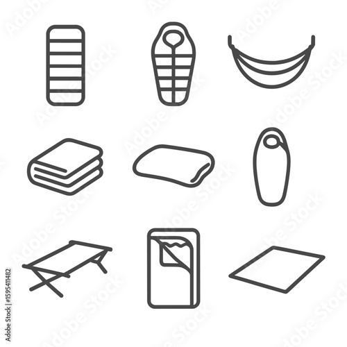 Spaced isolated captions sack cot camping icon emojis no icons vector gear