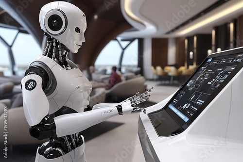A robot interacting with guests in the hotel lounge area, offering assistance with reservations and check-outs. The robot is designed with a sleek, white exterior