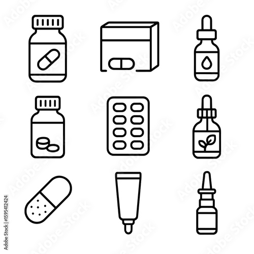 Softener pack antibiotic capsule icons postpartum medication herbal relief spray icon vector