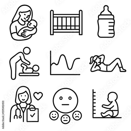 Baby icon mother bottle mood vector growth chart exercise postpartum set holding