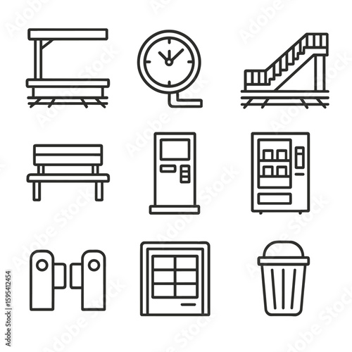 Entrance machine vector icon clock bench station display vending ticket trash train