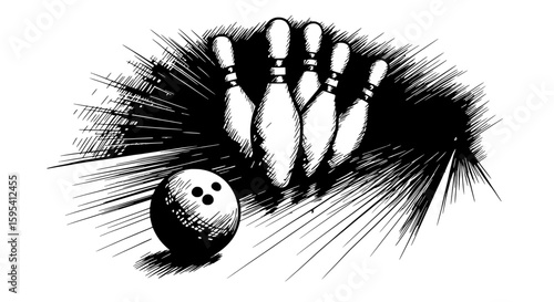 Bowling Ball and Pins in Action: An artistic illustration of a bowling ball poised to strike, set against a backdrop of stylized motion lines, capturing the dynamic essence of the game.