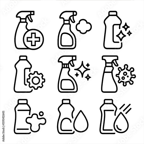 Bactericide degrease cleaner waterproofing bottle disinfect deodorize vector icon polish sanitize shine