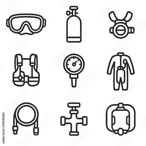 Icon depth gauge tank icons regulator vector diving mouthpiece wetsuit scuba gear
