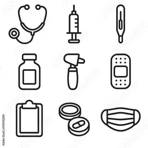 Pill toy clipboard bottle container otoscope medicine bandage icon doctor vector syringe