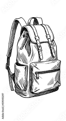 Black and white hand-drawn sketch of a school backpack — vector illustration