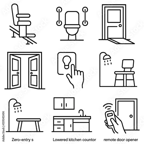 Accessible Home Icons. Outline style icons of Mobility-Accessible Homes: stair lift chair, grab bars in bathroom, ramp access door