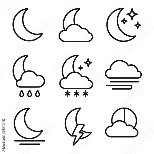 Nighttime Weather Icons. Outline style icons of Nighttime Weather: crescent moon, moon with cloud, starry night, moon with rain,
