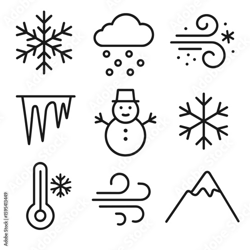 Winter Icons Collection. Outline style icons of Snow and Cold Conditions: snowflake icon, snowfall from cloud, snowstorm swirl,