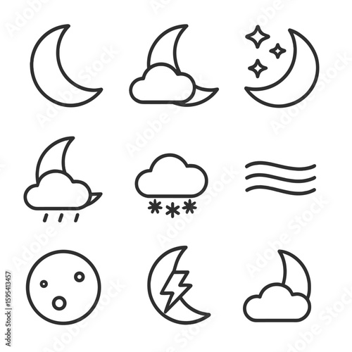 Nighttime Weather Icons. Outline style icons of Nighttime Weather: crescent moon, moon with cloud, starry night, moon with rain,