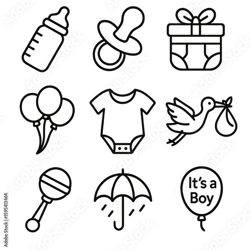 Baby Shower Icons. Outline style icons of Baby Shower: baby bottle, pacifier, diaper gift, balloon bunch, onesie icon, stork with