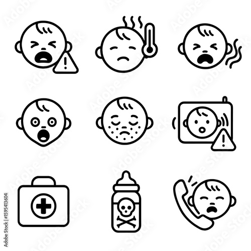 Infant Emergency Icons. Outline style icons of Infant Emergency Icons: crying with alert icon, fever icon, colic wave, choking