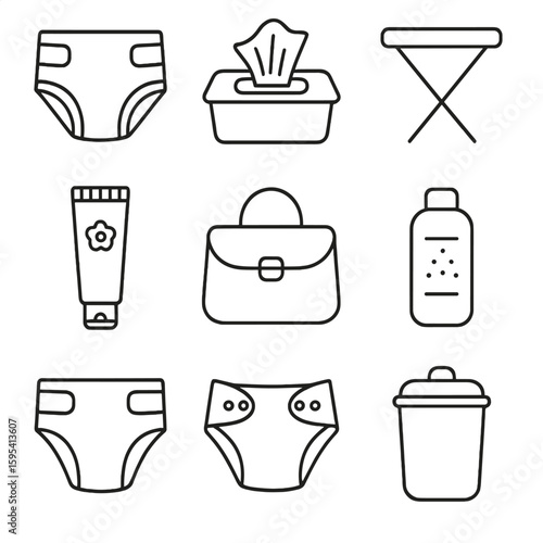 Diapering Essentials Icons. Outline style icons of diapering essentials: diaper icon, wet wipes, changing table, diaper cream,
