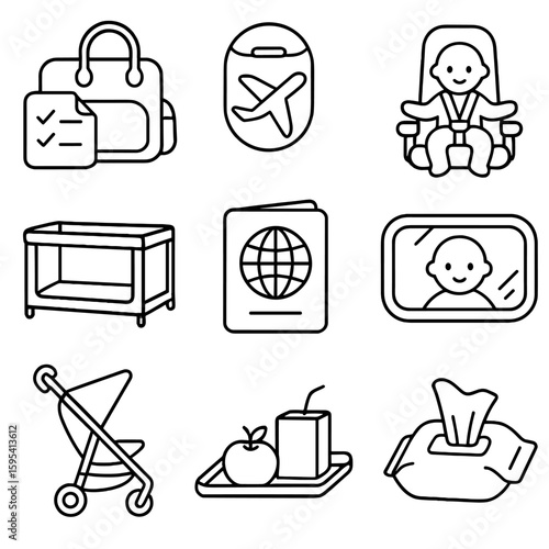 Travel Baby Essentials Icons. Outline style icons of traveling with baby: diaper bag with checklist, flight icon, airplane seat