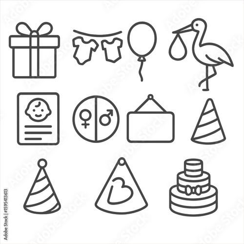 Baby Shower Icons. Outline style icons of baby shower: gift box, onesie banner, balloon, stork icon, baby announcement, gender