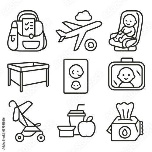 Travel Baby Essentials Icons. Outline style icons of traveling with baby: diaper bag with checklist, flight icon, airplane seat
