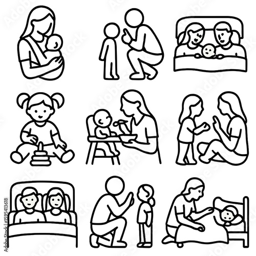 Outline Parenting Icons. Outline style icons of parenting styles: attachment parenting, gentle discipline, co-sleeping icon,
