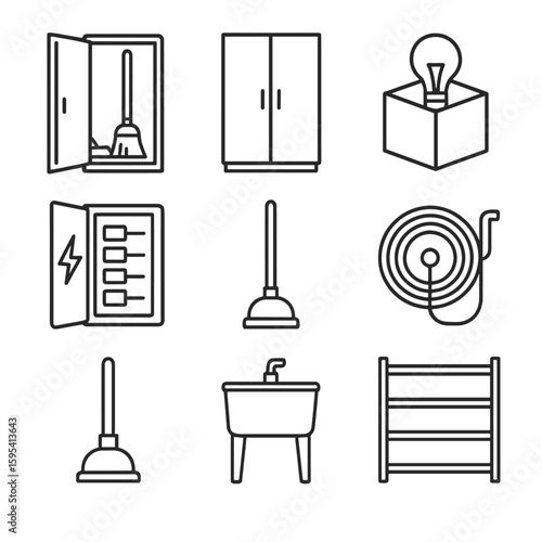 Utility Room Icons. Outline style icons of utility room tools: broom closet, storage cabinet, light bulb box, fuse box, mop stand,