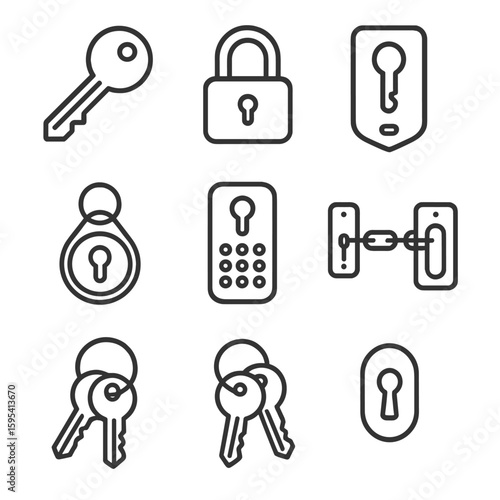 Outline Key Icons. Outline style icons of house keys and locks: front door key, padlock, key holder, lock icon, key fob, smart