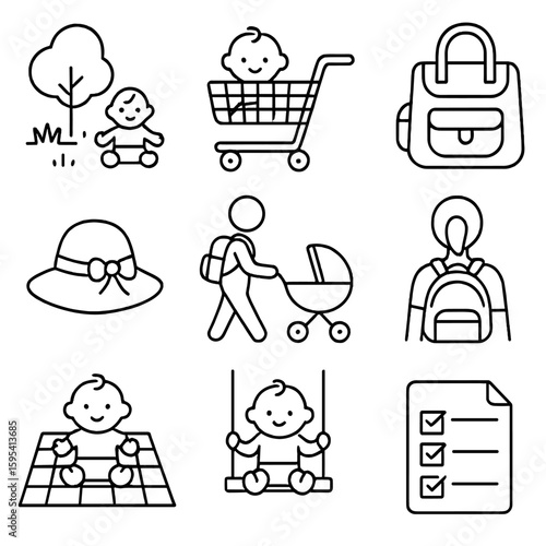 Baby Outing Icons. Outline style icons of baby outings: baby at park, baby in shopping cart, diaper bag ready, sun hat, stroller