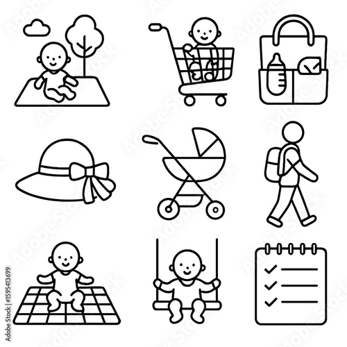 Baby Outing Icons. Outline style icons of baby outings: baby at park, baby in shopping cart, diaper bag ready, sun hat, stroller