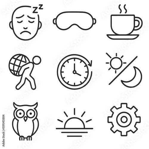 Time Zone Icons. Outline style icons of time zone effects: jet lag, sleep mask, coffee cup, travel fatigue, time shift, daylight
