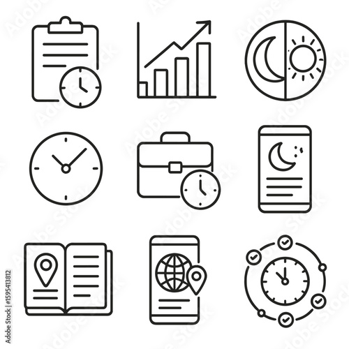 Time Management Icons. Outline style icons of time zone tracking: time log, activity chart, daily cycle, work hour, sleep tracker,