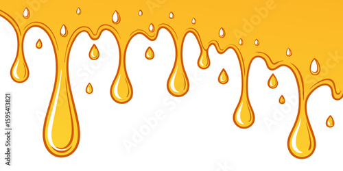 golden honey syrup dripping downward with natural flowing patterns and viscous liquid droplets on yellow background