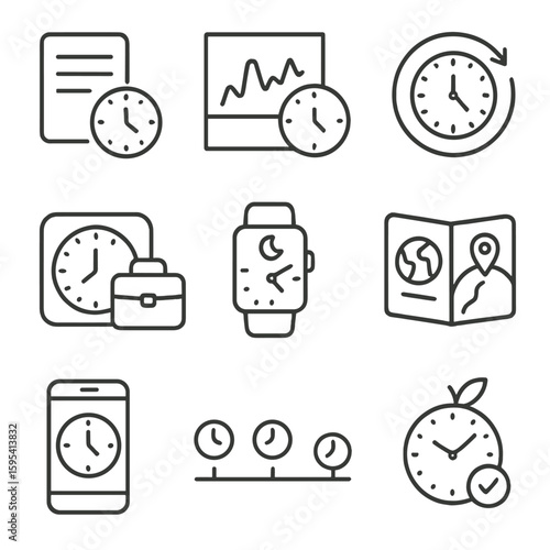 Time Management Icons. Outline style icons of time zone tracking: time log, activity chart, daily cycle, work hour, sleep tracker,