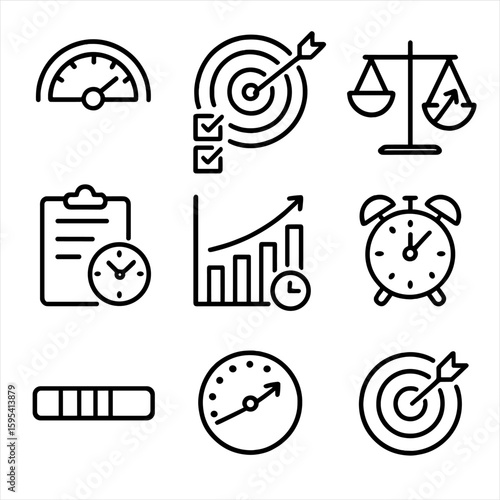 Time Measurement Icons. Outline style icons of time targeting measurement: time gauge, task meter, progress scale, goal tracker,