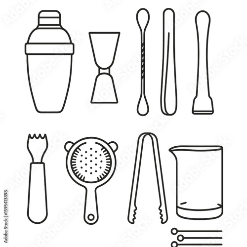 Cocktail Tools Icons. Outline style icons of Cocktail Tools: cocktail shaker, jigger measure, bar spoon, muddler stick, citrus