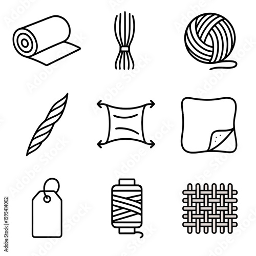 Synthetic Textile Icons. Outline style icons of Synthetic Textile Materials: polyester roll, nylon fiber, acrylic yarn, rayon