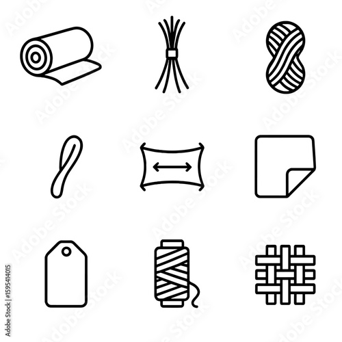 Synthetic Textile Icons. Outline style icons of Synthetic Textile Materials: polyester roll, nylon fiber, acrylic yarn, rayon