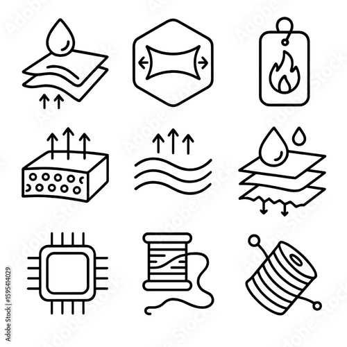 Functional Textile Icons. Outline style icons of Functional Textiles: moisture-wicking cloth, antibacterial fiber icon, stretch