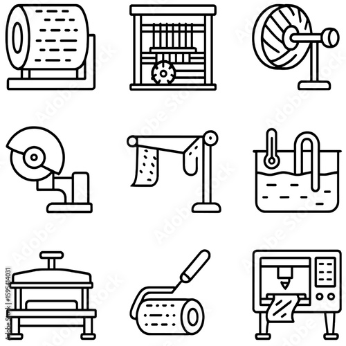 Wallpaper Mural Textile Machinery Icons. Outline style icons of Textile Machinery and Tools: spinning drum, loom engine, yarn feeder, cutting Torontodigital.ca